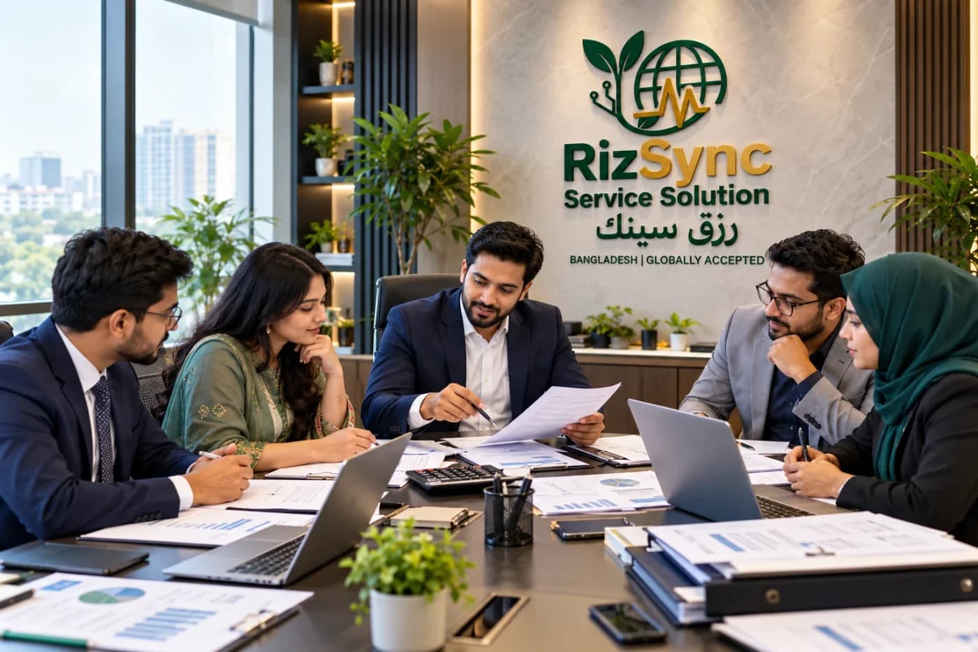 A RizSync advisor at a desk overlooking the city skyline
